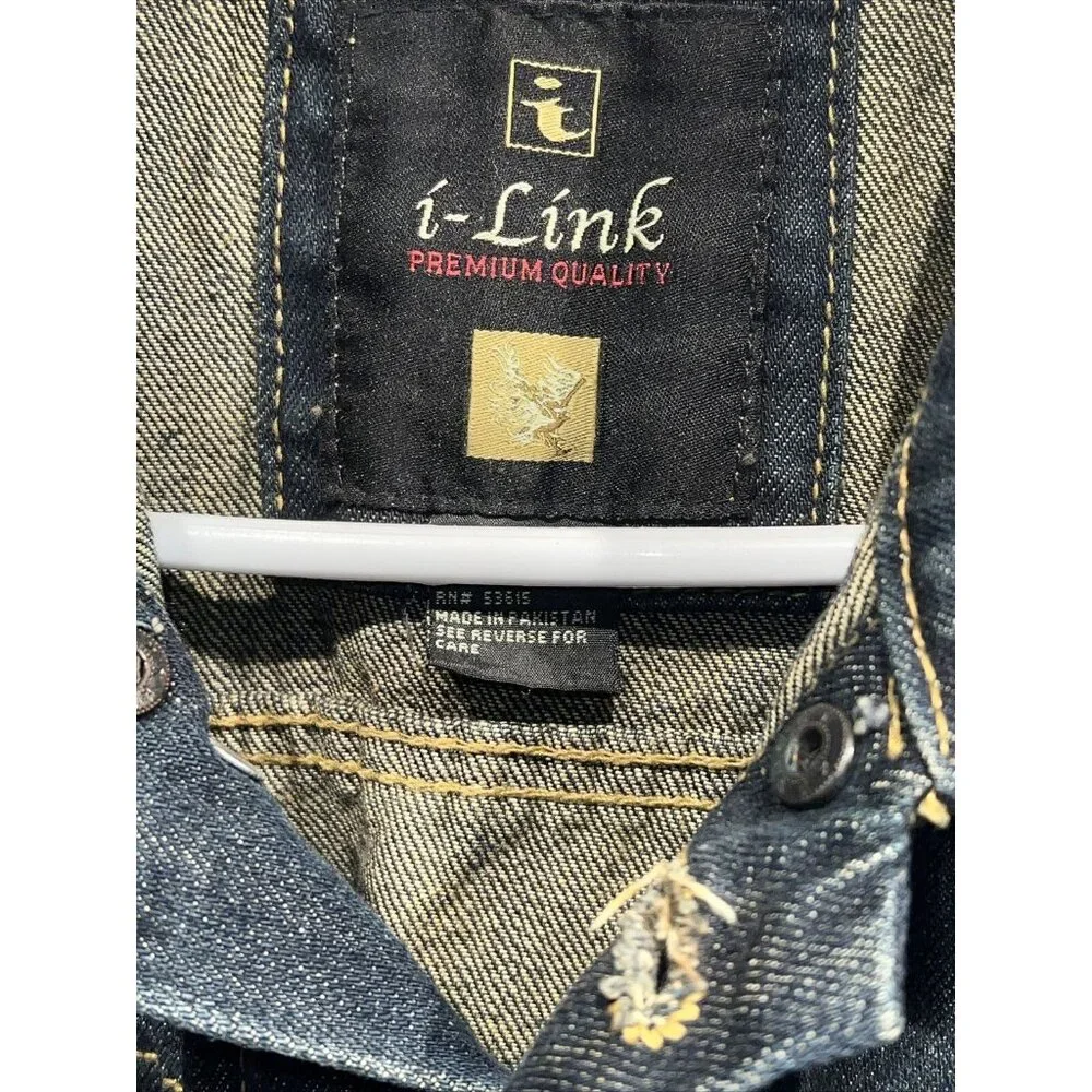 i LINK Dark Wash Distressed Button Down Denim Jean Vest Large‎ Y2K